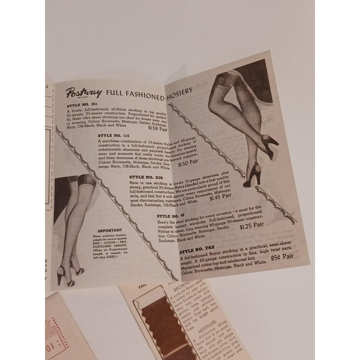 1948 Postway Hosiery Brochure & Color Swatch Concord NC Ephemera