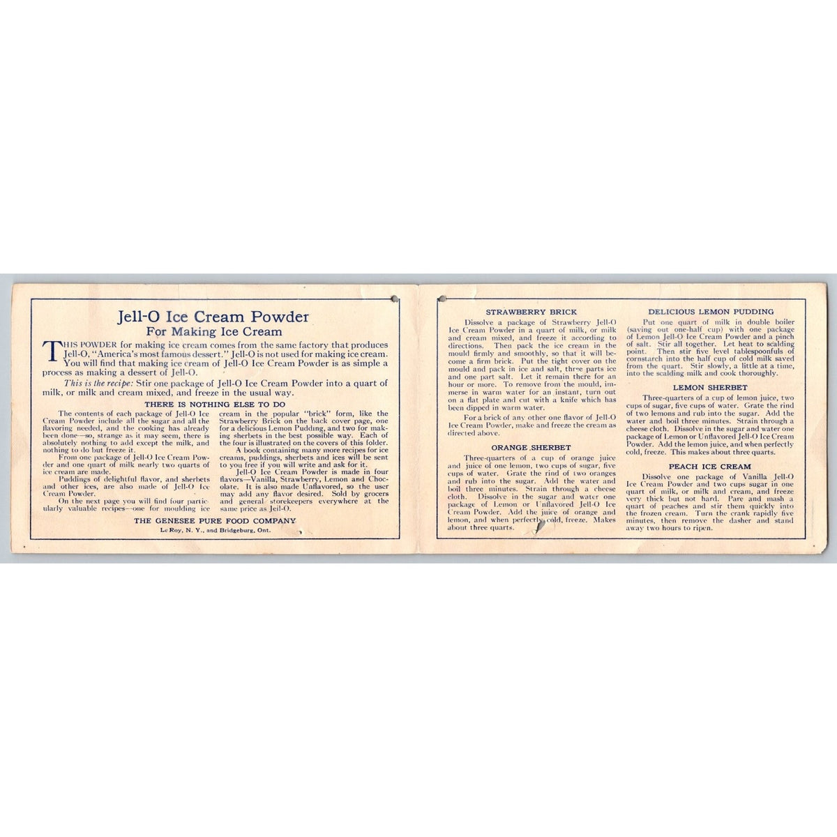 VTG Jell-O Ice Cream Powder Recipe Brochure Flyer Child Food Ephemera Le Roy NY