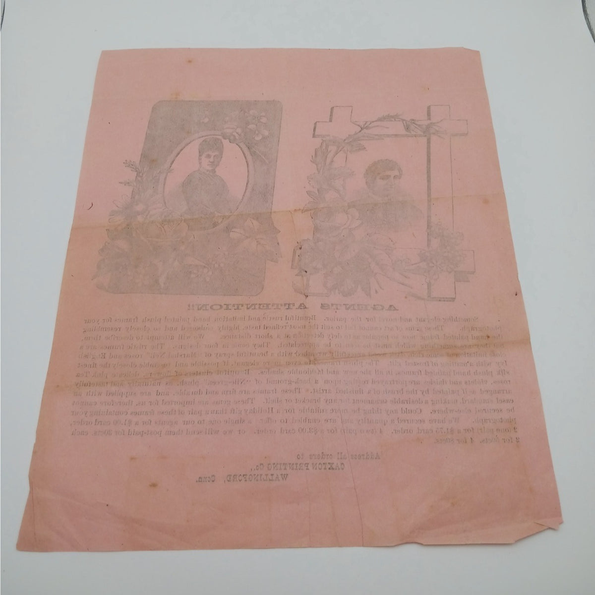 1870s 1880s Antique Victorian Caxton Printing Co Conn Photo Frame Agent Ad Flyer