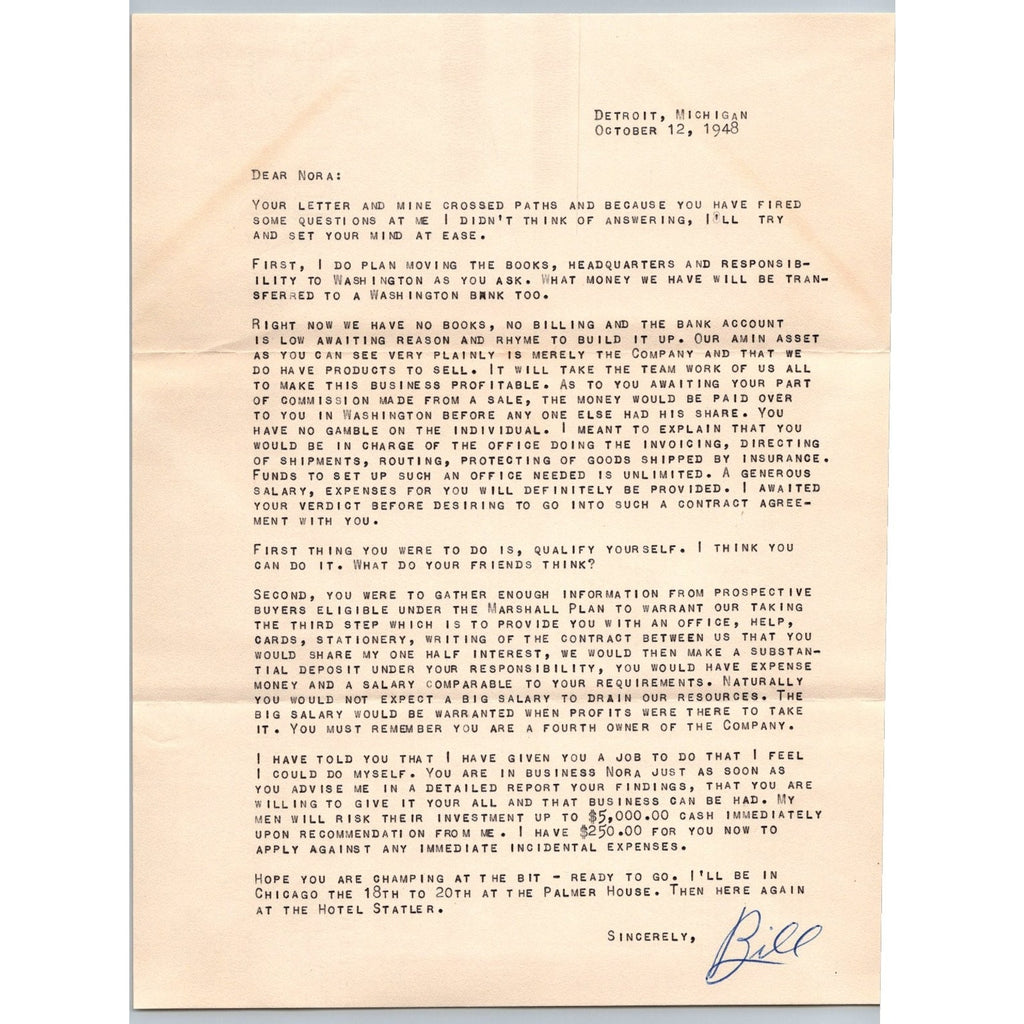 1948 Business Proposal Letters Detroit & Tn Ephemera Marshall Plan Nora Kefauver