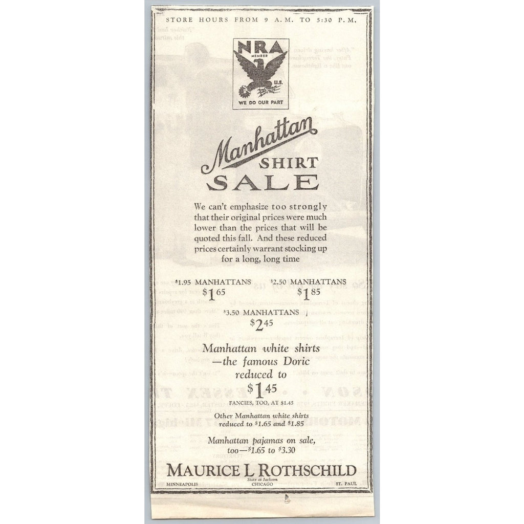 1930s Manhattan Shirt Sale Ad Maurice L. Rothschild NRA Member Minneapolis