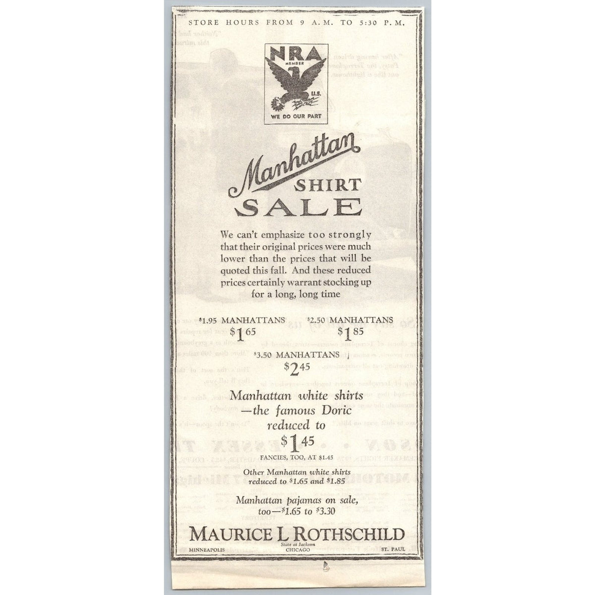 1930s Manhattan Shirt Sale Ad Maurice L. Rothschild NRA Member Minneapolis