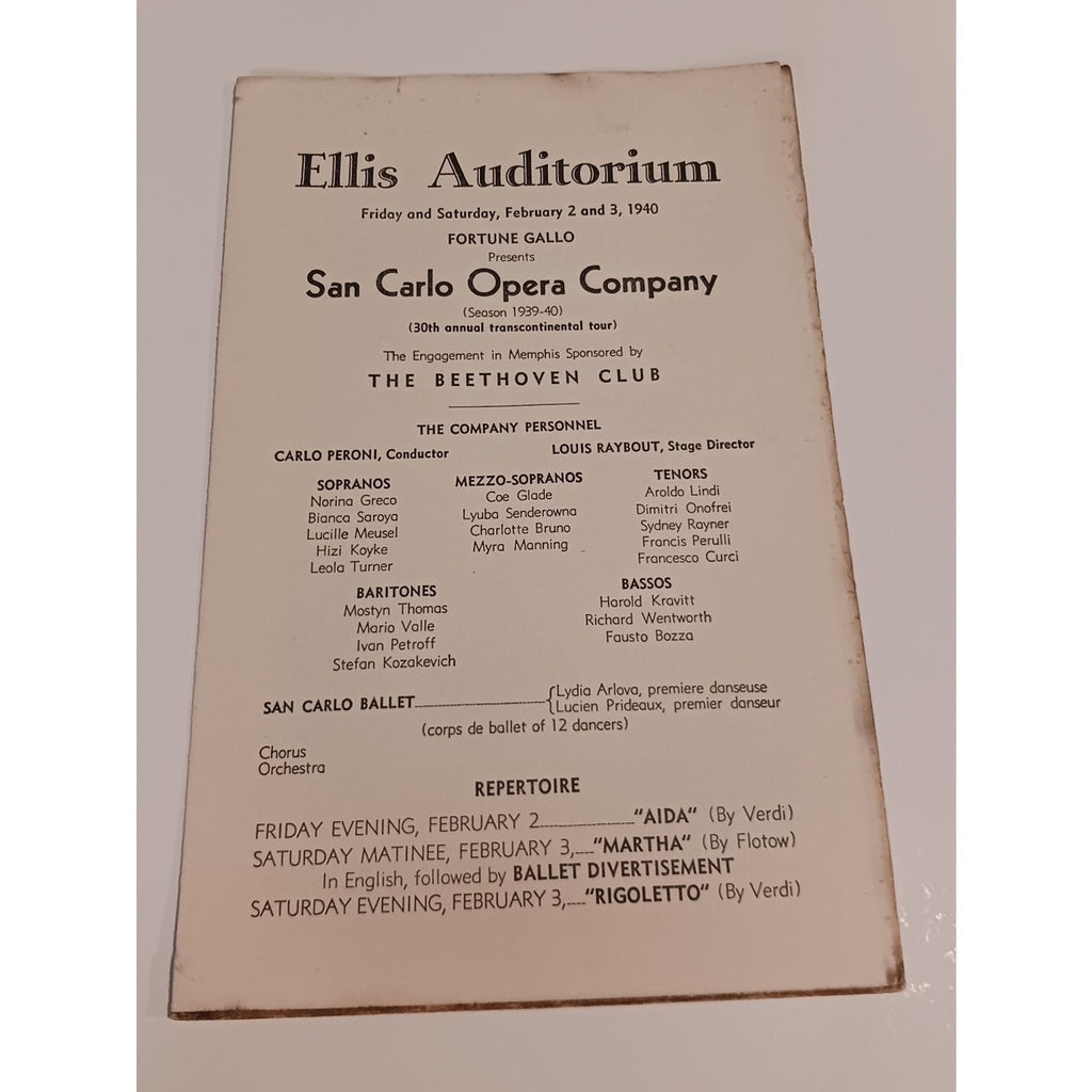 1940 San Carlo Opera Company Program Ellis Auditorium Memphis Aida Martha