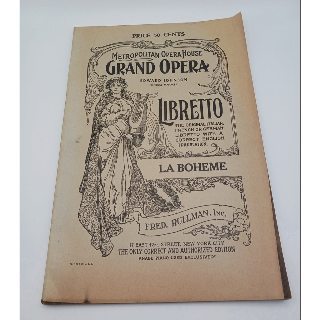 1917 Metropolitan Opera Grand Opera Libretto La Boheme Fred Rullman