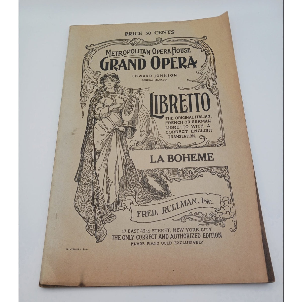 1917 Metropolitan Opera Grand Opera Libretto La Boheme Fred Rullman