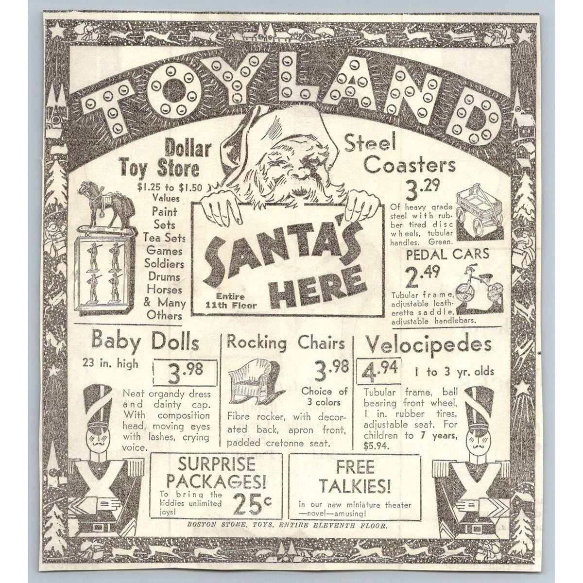 1930s Boston Store Toyland Christmas Ad Santa Baby Dolls Velocipedes Ephemera