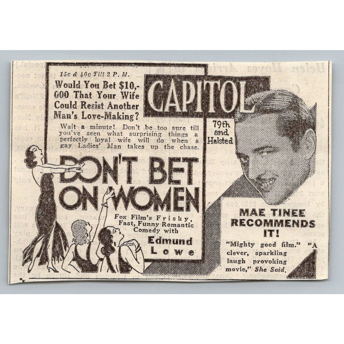1931 Don't Bet on Women Movie Ad Capitol Theater Edmund Lowe Chicago Ephemera