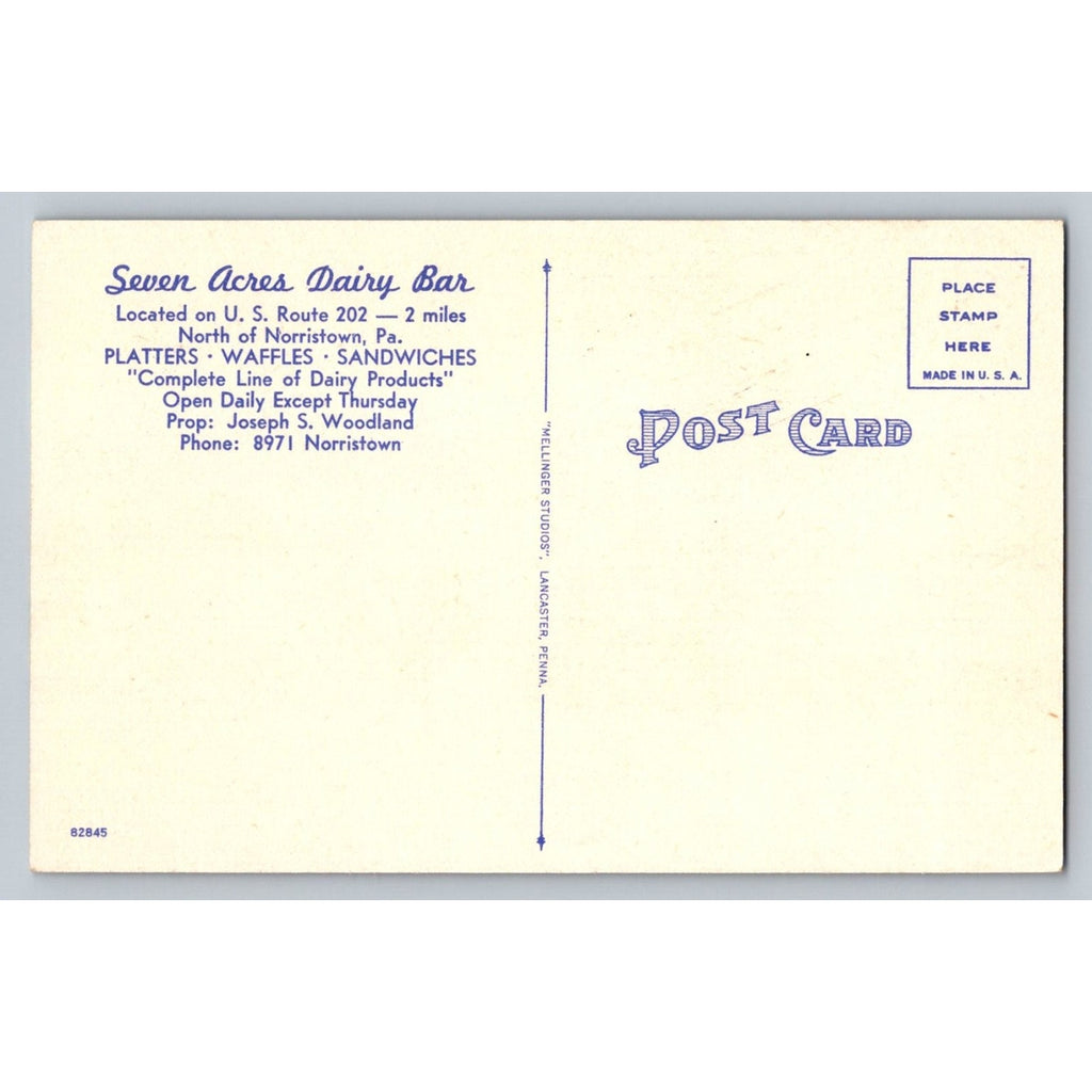 Vintage Seven Acres Dairy Bar Norristown PA Linen Postcard Mellinger Studios