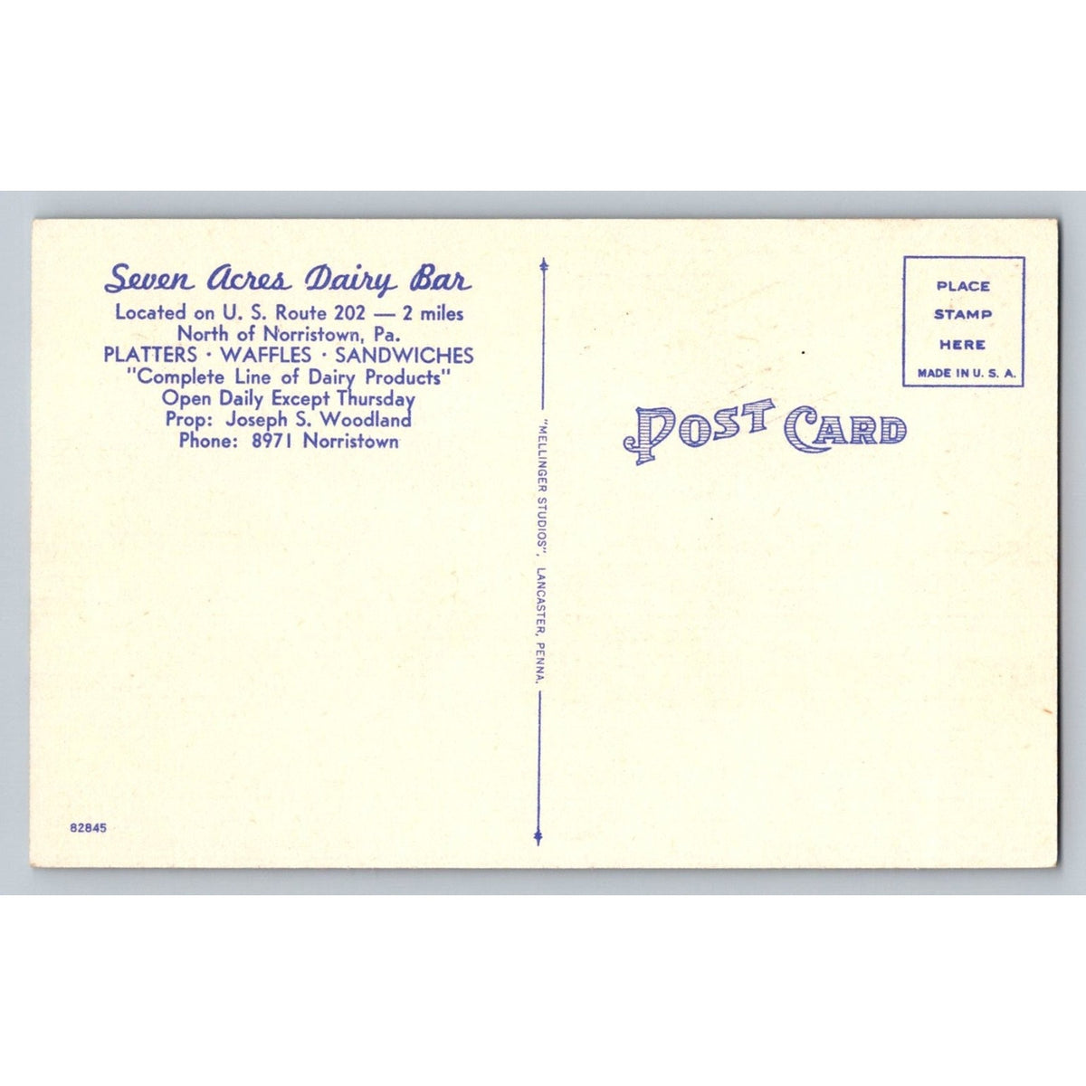Vintage Seven Acres Dairy Bar Norristown PA Linen Postcard Mellinger Studios
