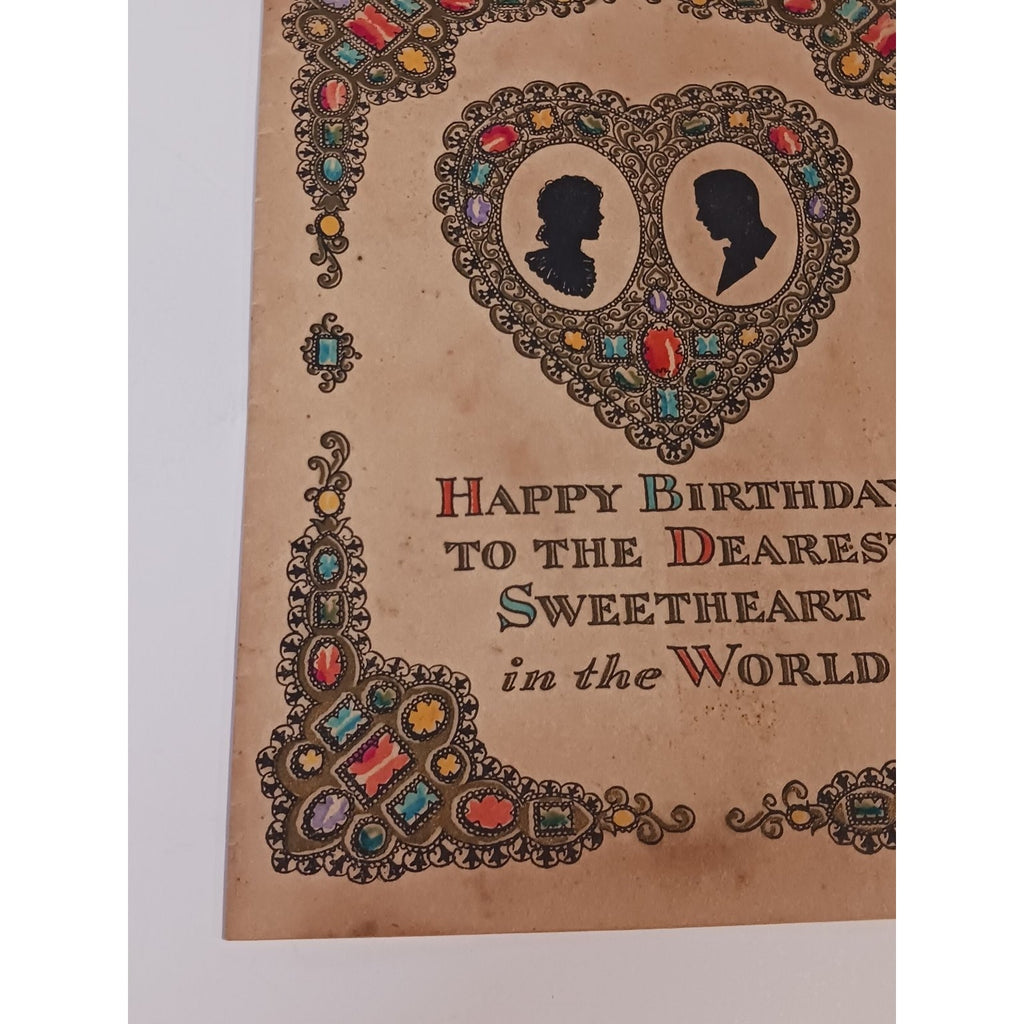 1920s 30s Norcross Birthday Card Sweetheart Silhouettes Gemstone Art USA