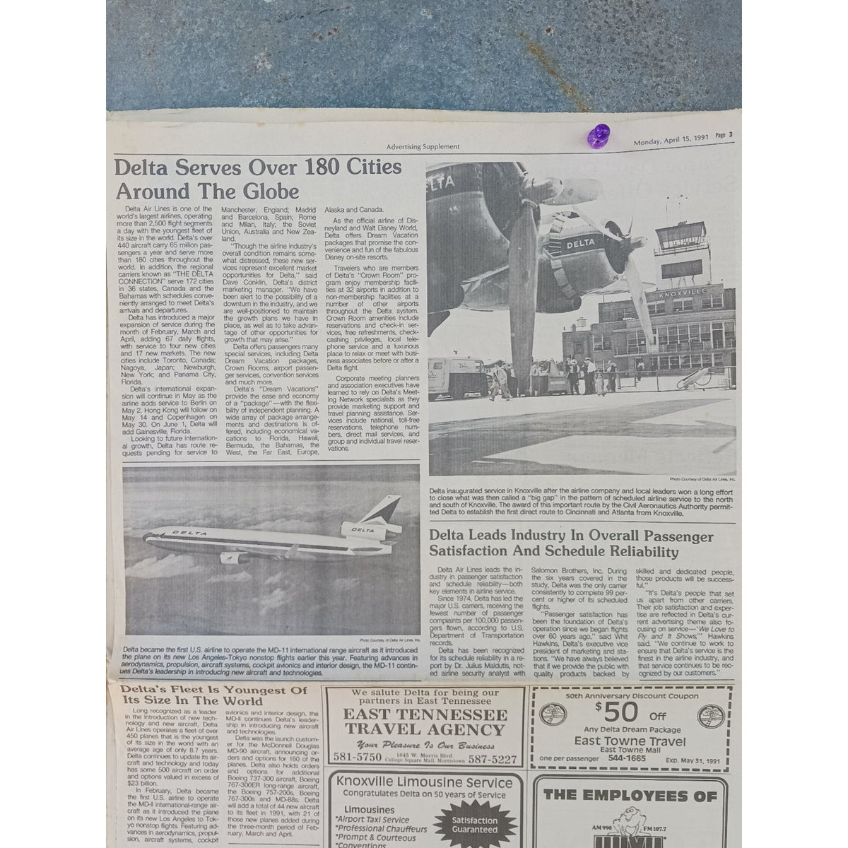 Delta Air Lines 50 Years Service Knoxville 1991 Newspaper Article Stewardess Art