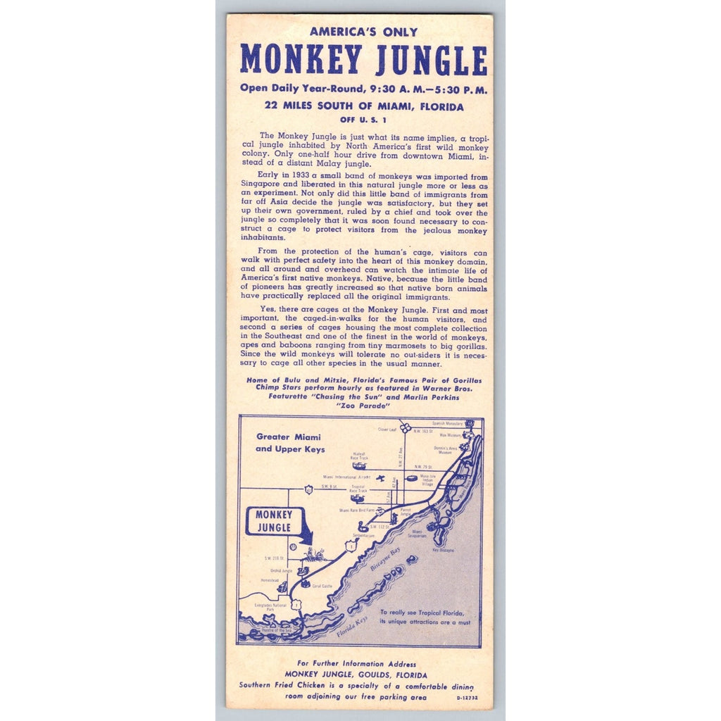 Monkey Jungle Miami Florida Vintage Brochure Ephemera Bulu Gorilla Map