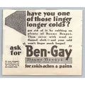 Vintage 1930 Ben Gay Baume Bengué Cold Remedy Print Ad New York Ephemera