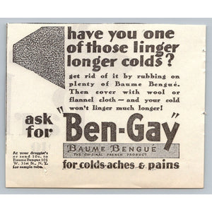 Vintage 1930 Ben Gay Baume Bengué Cold Remedy Print Ad New York Ephemera
