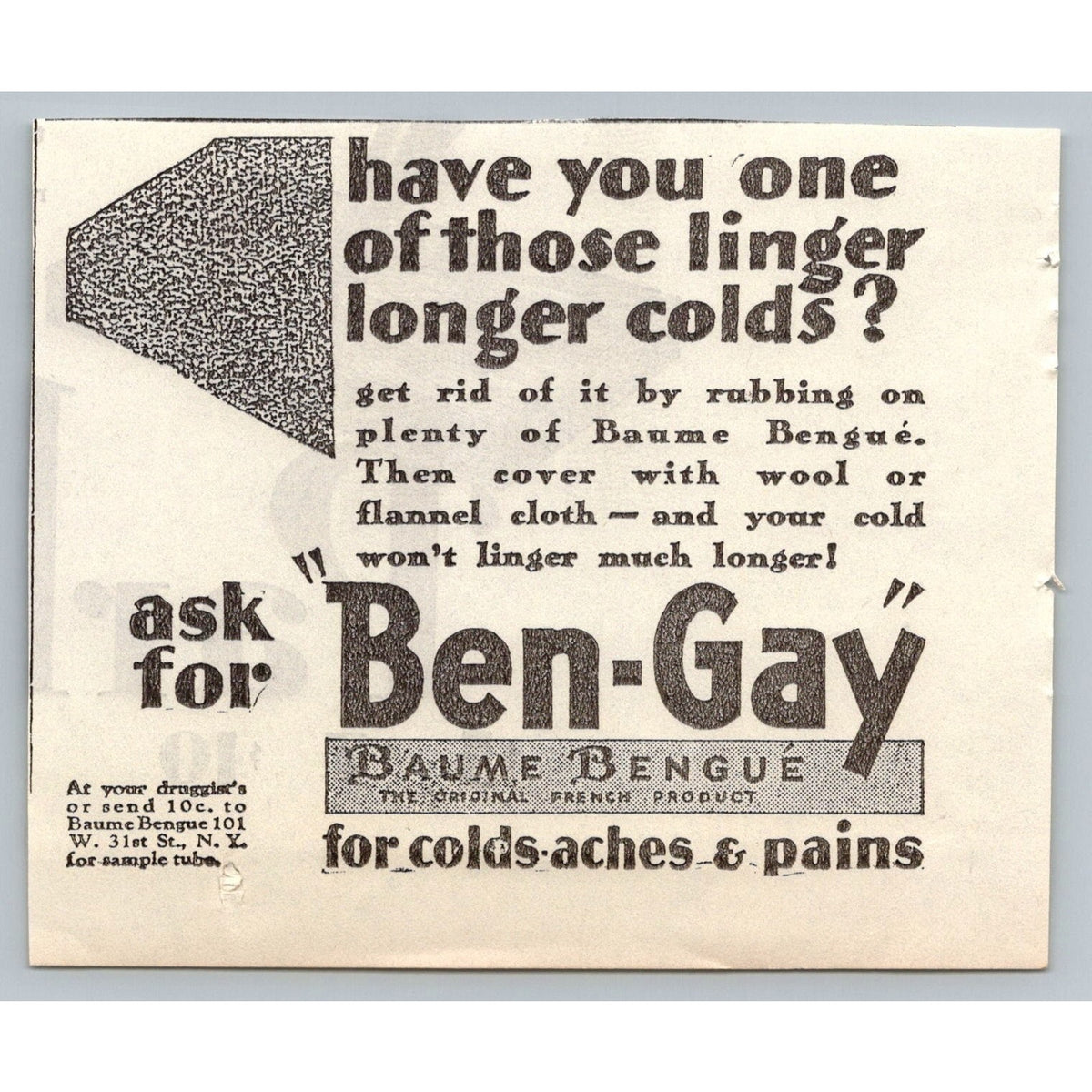 Vintage 1930 Ben Gay Baume Bengué Cold Remedy Print Ad New York Ephemera