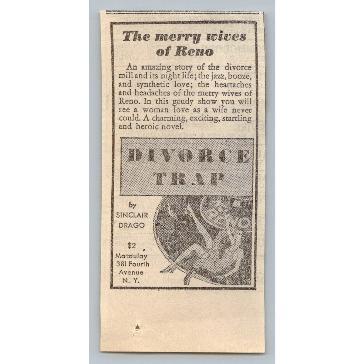 1931 Sinclair Drago Divorce Trap Book Ad Reno Jazz Pulp Fiction Ephemera NYC