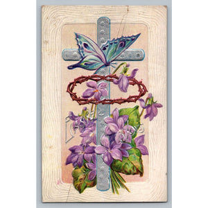1913 Embossed Cross Violets Butterfly Postcard Easter Christian Millvale PA
