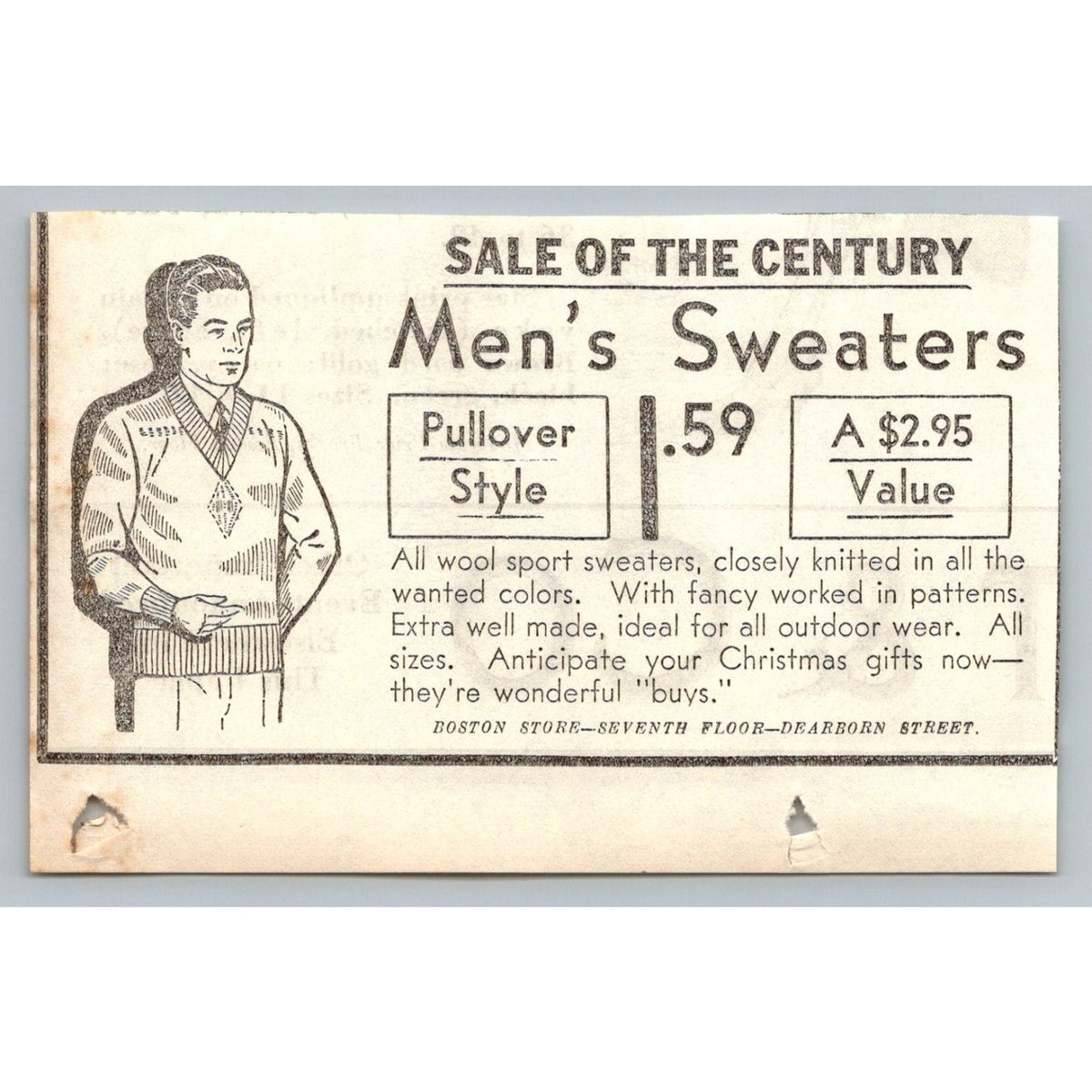 1931 Boston Store Men's Pullover Sweater Ad Dearborn Street Ephemera