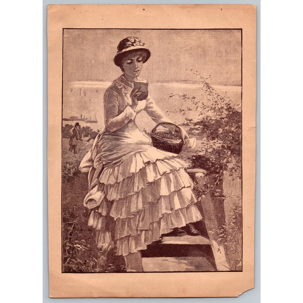 Antique c1880s The Morning Post News From Town Book Plate Art Print Woman Readin