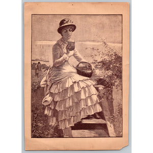 Antique c1880s The Morning Post News From Town Book Plate Art Print Woman Readin