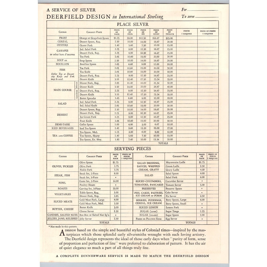 1930s Deerfield Sterling Silver Flatware Service Advertisement Price List Ad