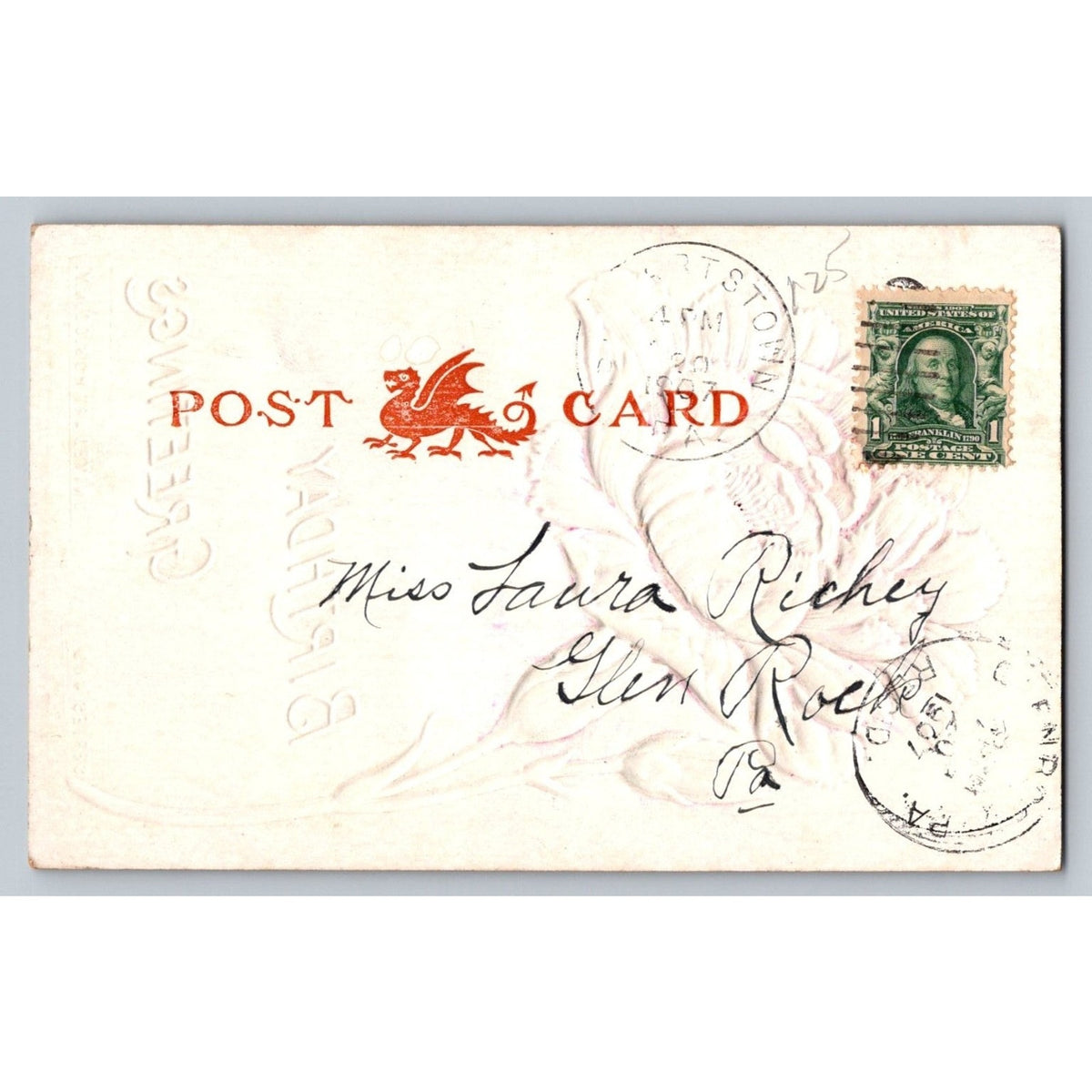 1907 Embossed Pink Flower Birthday Greetings Postcard Gettysburg PA Air Brushed