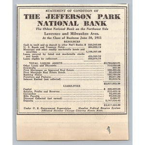 1931 Jefferson Park National Bank Statement Chicago Ephemera Great Depression Ad