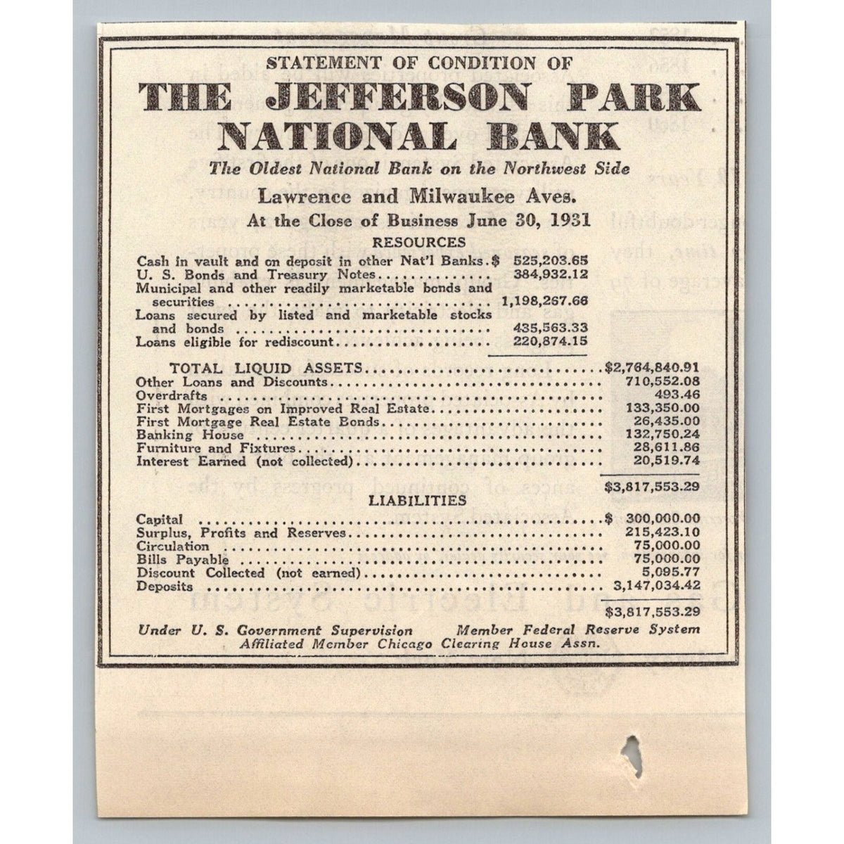 1931 Jefferson Park National Bank Statement Chicago Ephemera Great Depression Ad