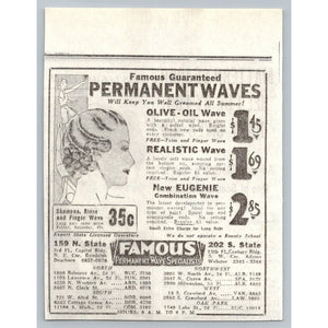 1933 Chicago Famous Permanent Waves Hair Salon Ad Ephemera Flapper Rates