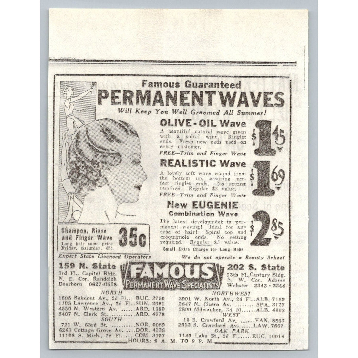 1933 Chicago Famous Permanent Waves Hair Salon Ad Ephemera Flapper Rates