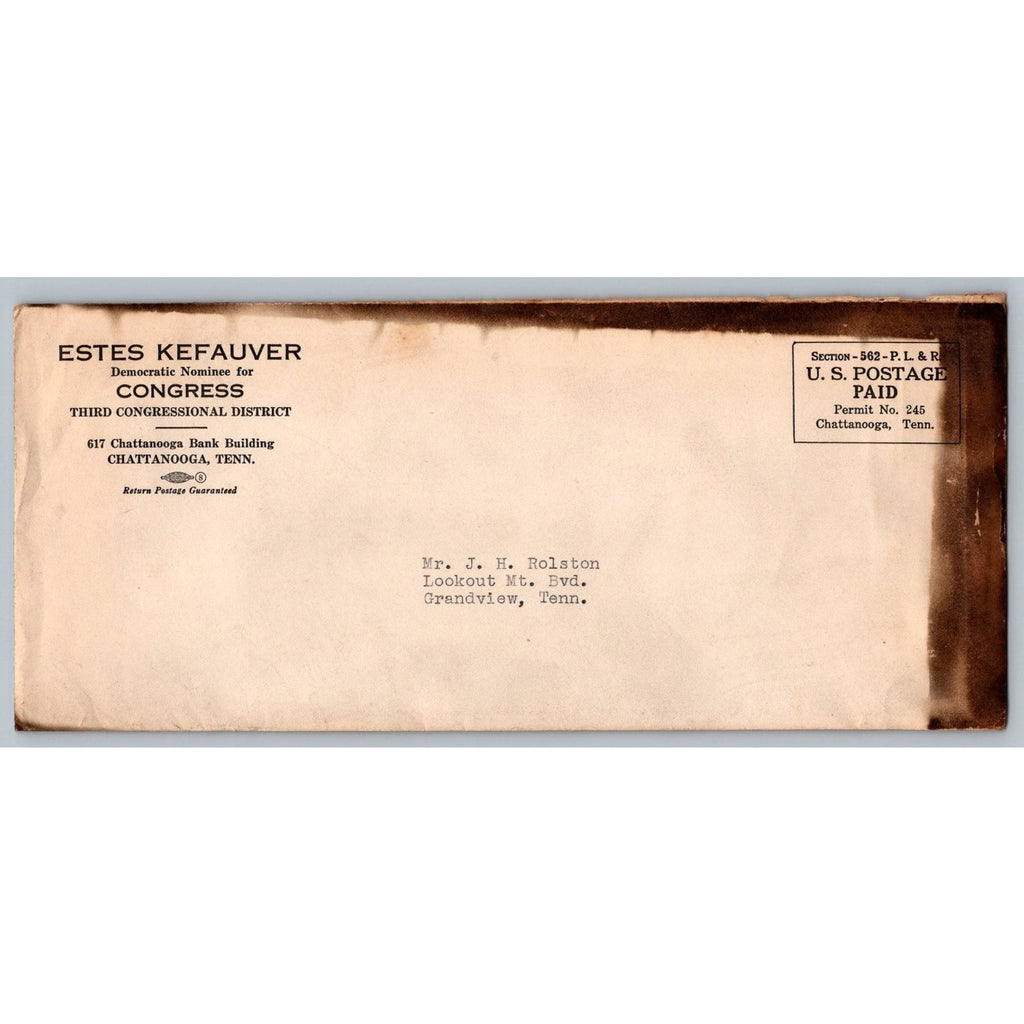 c1939 Estes Kefauver Chattanooga Congress Campaign Letter & Envelope Ephemera