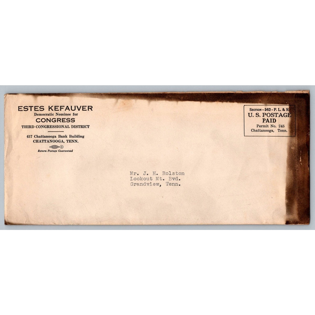 c1939 Estes Kefauver Chattanooga Congress Campaign Letter & Envelope Ephemera