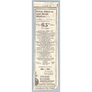 1933 Chicago Stevens Building Restaurant Dinner Menu Fried Chicken Print Ad