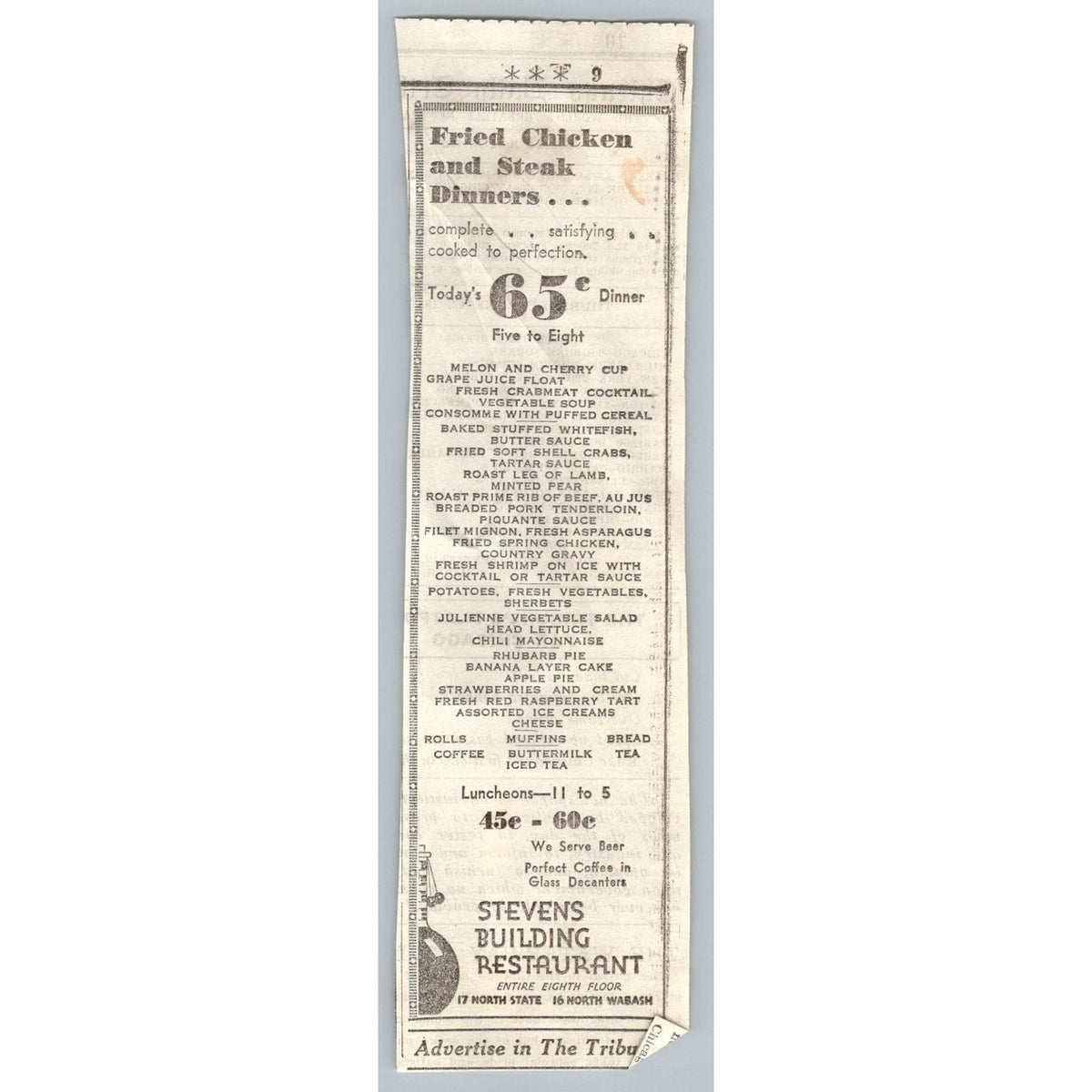 1933 Chicago Stevens Building Restaurant Dinner Menu Fried Chicken Print Ad