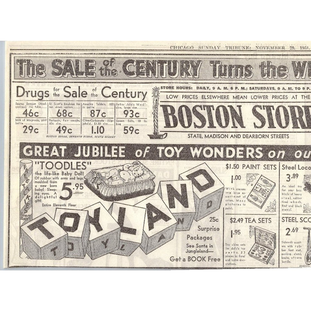 1931 Chicago Boston Store Toyland Print Ad Depression Era Christmas Ephemera
