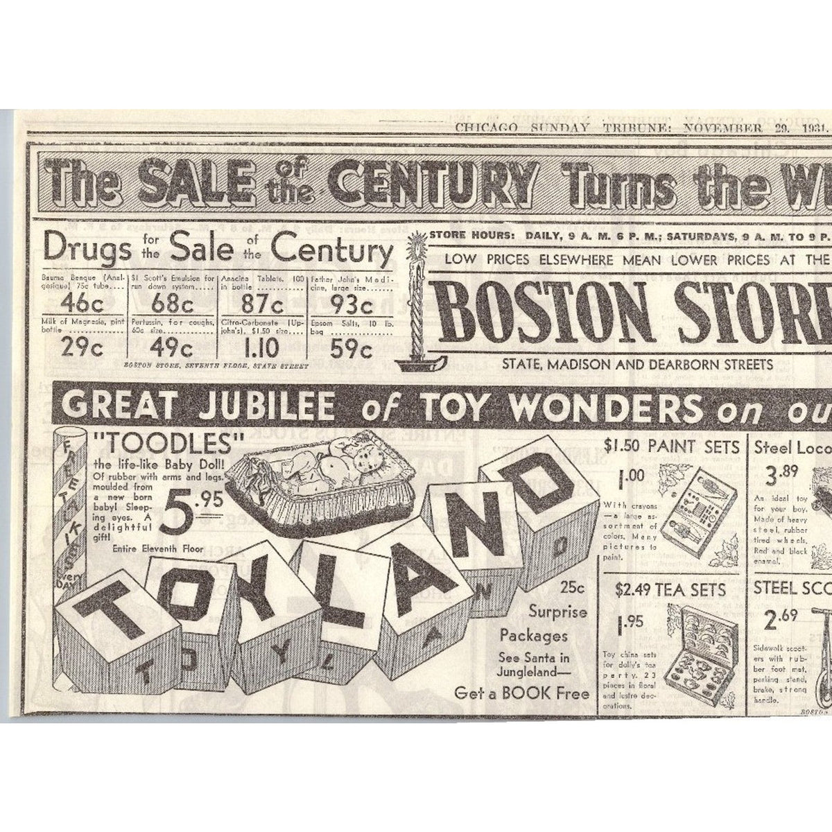 1931 Chicago Boston Store Toyland Print Ad Depression Era Christmas Ephemera