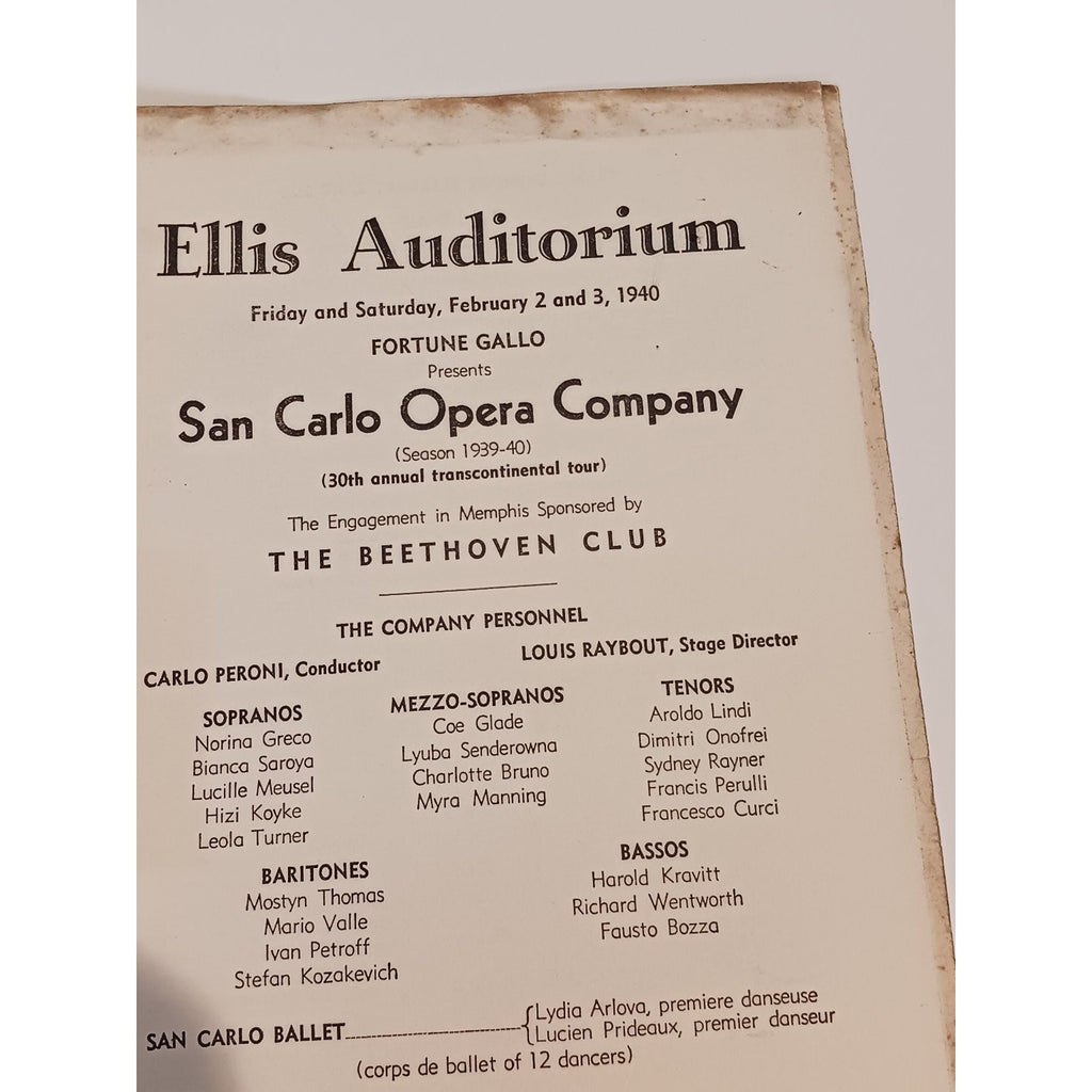 1940 San Carlo Opera Company Program Ellis Auditorium Memphis Verdi Aida