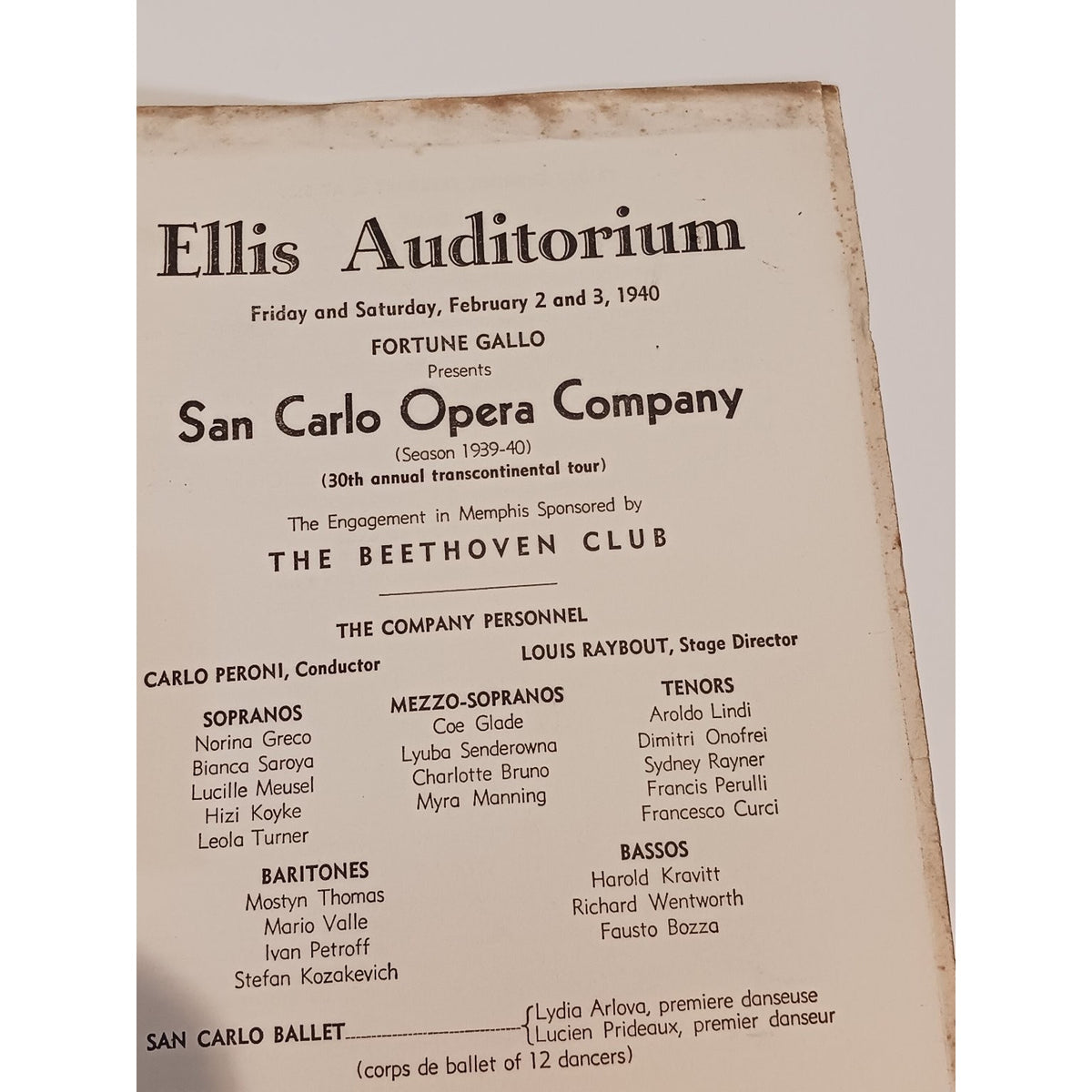 1940 San Carlo Opera Company Program Ellis Auditorium Memphis Verdi Aida