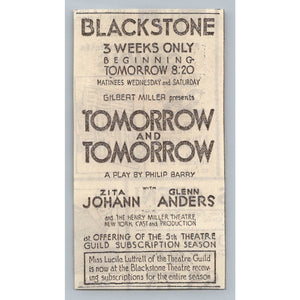 1931 Tomorrow and Tomorrow Print Ad Blackstone Theatre Zita Johann Glenn Anders