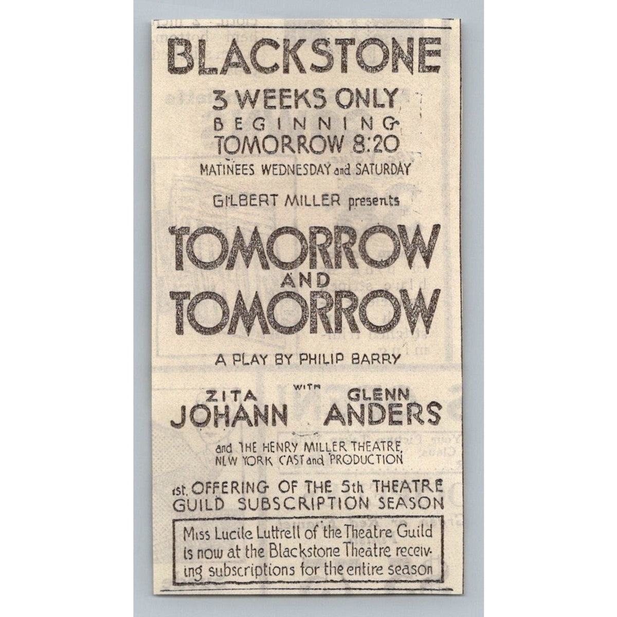 1931 Tomorrow and Tomorrow Print Ad Blackstone Theatre Zita Johann Glenn Anders