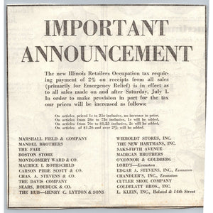 1933 Illinois Retailers Occupation Tax Announcement Chicago Department Stores