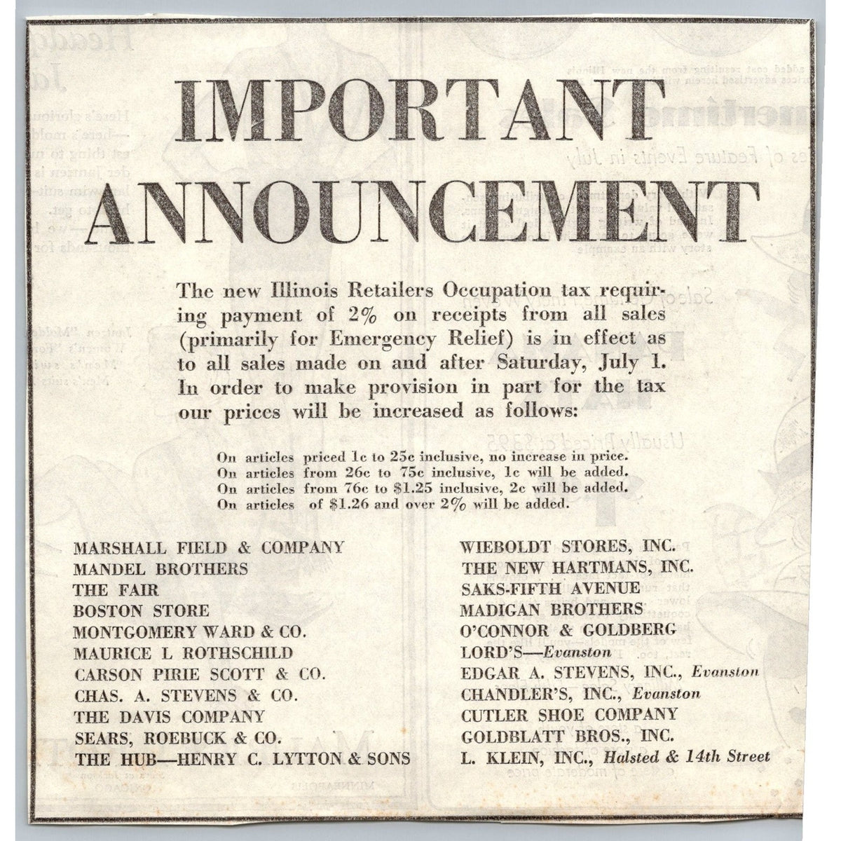 1933 Illinois Retailers Occupation Tax Announcement Chicago Department Stores