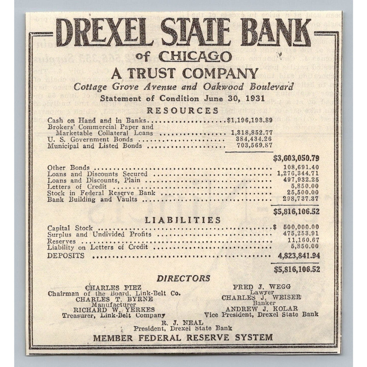 1931 Drexel State Bank Chicago Financial Statement Ephemera Great Depression Ad