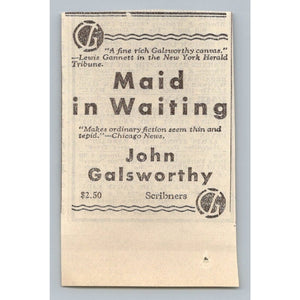 1931 John Galsworthy Maid in Waiting Book Ad Scribner's Literature Ephemera