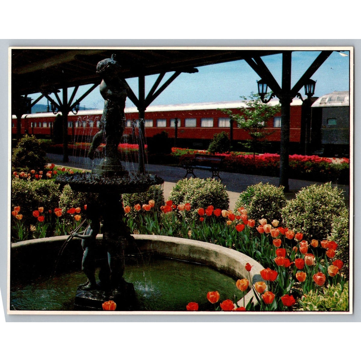 Vintage Postcard Chattanooga Choo-Choo Gardens Fountain Tulips Train TN 1970s