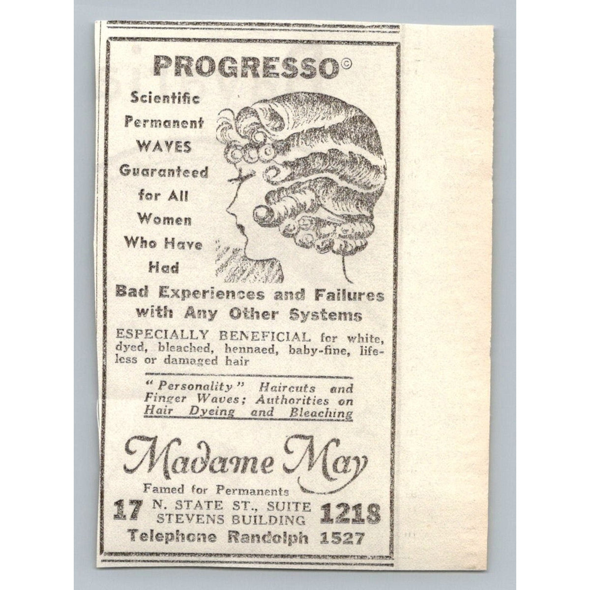 1933 Chicago Madame May Progresso Permanent Waves Flapper Hair Salon Ad Ephemera