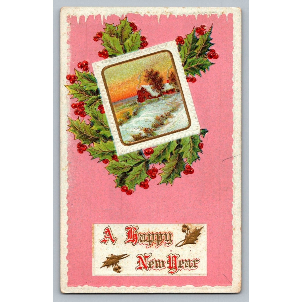 Antique Embossed Pink Happy New Year Postcard Winter Barn Holly Wreath USA
