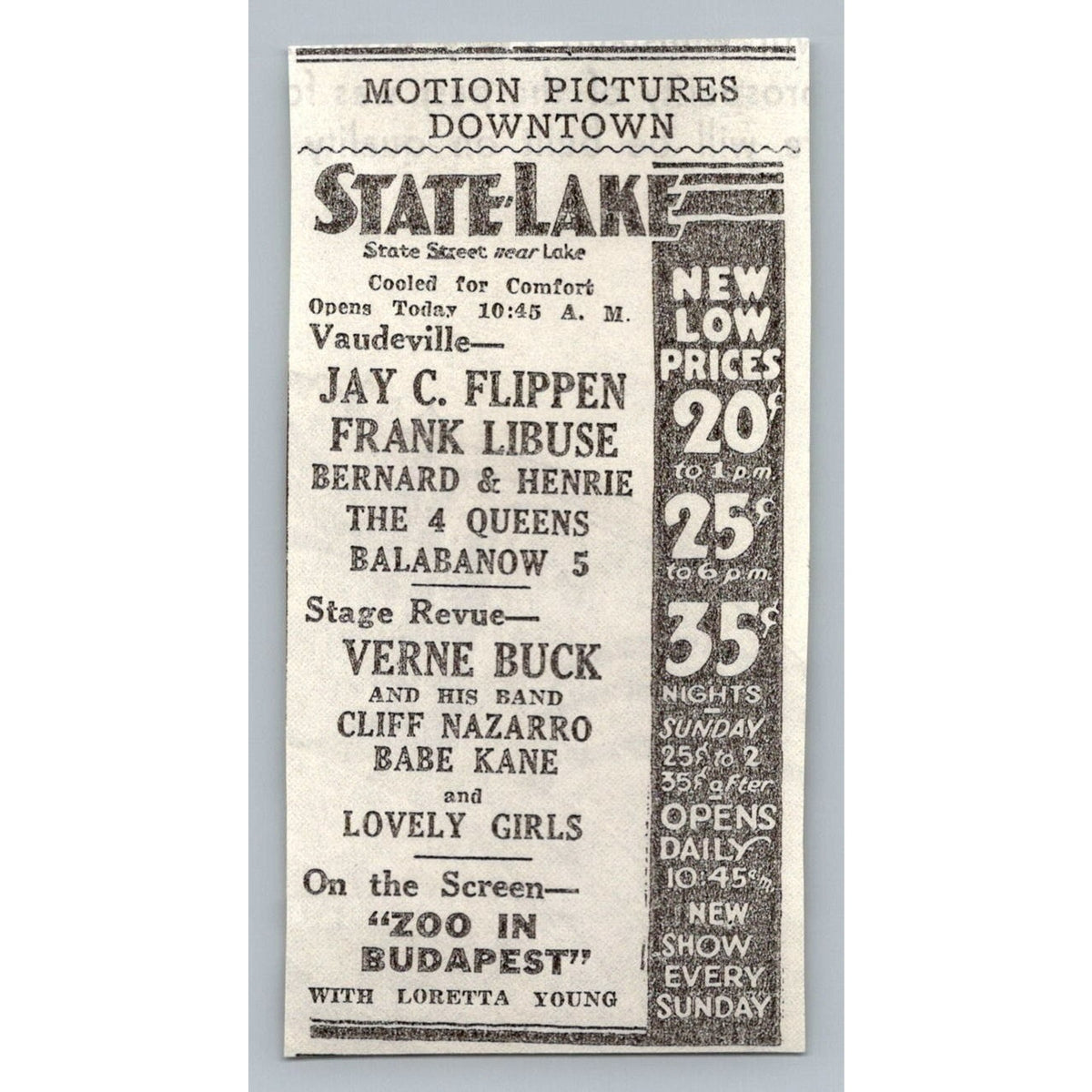 1933 State Lake Theater Chicago Vaudeville Revue Movie Ad Loretta Young Jay C