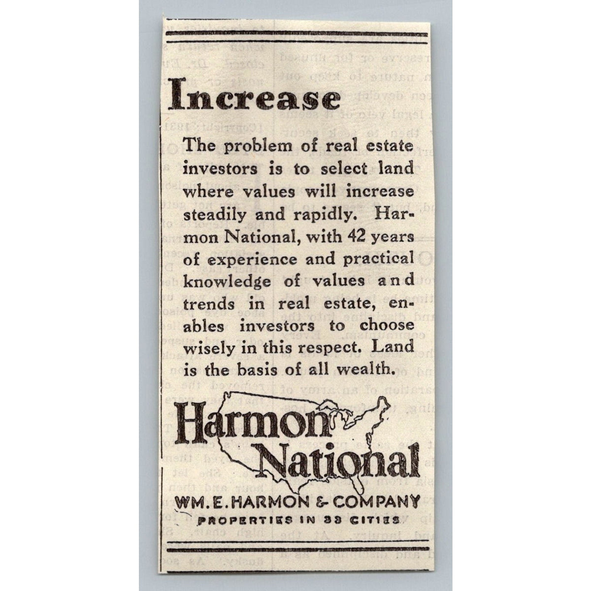 1931 Harmon National Real Estate Ad Clipping Wm. E. Harmon & Co. 33 Cities
