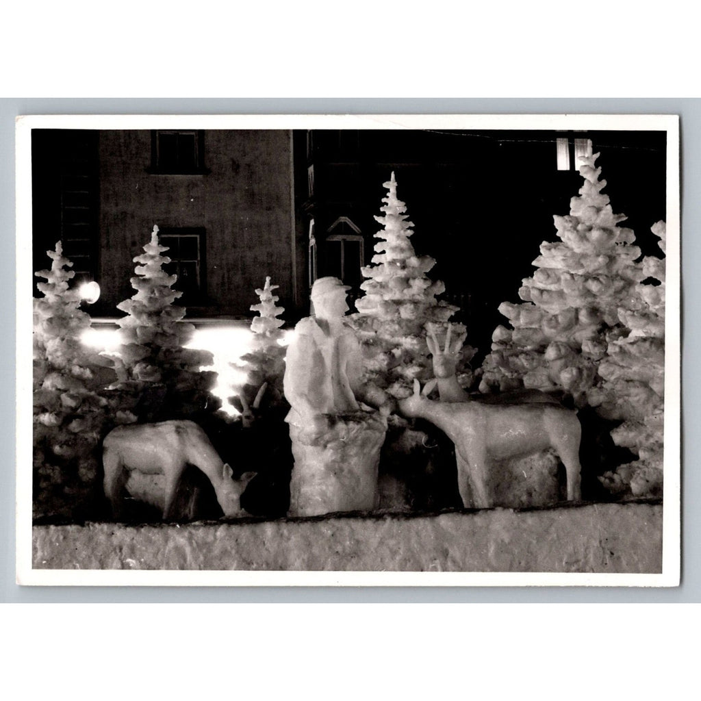 Vintage RPPC Ice Sculpture Christmas Winter Wonderland Deer Night Scene